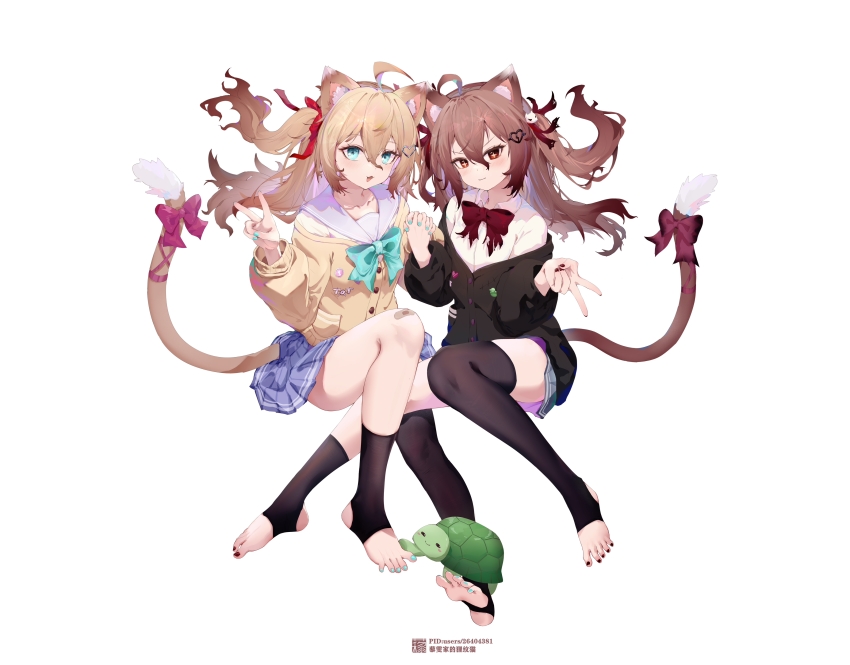 2girls :3 absurdres ahoge animal_ears aqua_bow aqua_bowtie aqua_nails asymmetrical_legwear bandaid bandaid_on_knee bandaid_on_leg black_cardigan black_skirt black_socks black_thighhighs blue_eyes blue_sailor_collar blue_skirt bow bowtie broken_heart_hair_ornament brown_hair cardigan cat_ears cat_girl cat_tail chinese_commentary closed_mouth collared_shirt commentary_request diamond-shaped_pupils diamond_(shape) evil_neuro-sama gyaru_v hair_between_eyes hair_ornament heart heart_hair_ornament highres holding_hands interlocked_fingers liwendala long_hair multiple_girls nail_polish neuro-sama off-shoulder_cardigan open_mouth pleated_skirt red_bow red_bowtie red_eyes red_nails sailor_collar shirt siblings simple_background single_sock single_thighhigh sisters skirt socks sparkling_eyes stirrup_legwear symbol-shaped_pupils tail tail_bow tail_ornament thighhighs toeless_legwear toenail_polish toenails twins two_side_up uneven_legwear v vedal987 vedal_ai white_background white_shirt yellow_cardigan