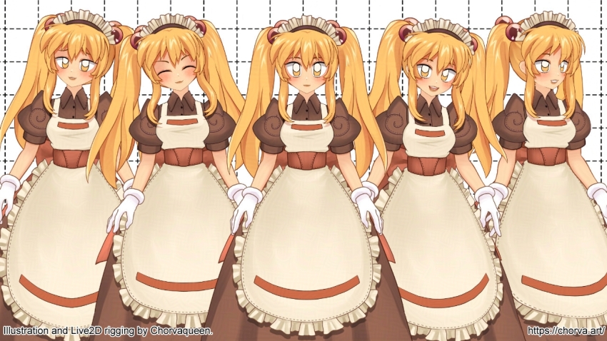 1girl apron blonde_hair blush breasts brown_dress brown_sash chorvaqueen closed_mouth commentary curly_sue dress english_commentary frilled_apron frills gloves grid_background hair_bobbles hair_ornament kafra_uniform long_hair looking_at_viewer maid maid_headdress medium_breasts multiple_views paid_reward_available puffy_short_sleeves puffy_sleeves ragnarok_online short_sleeves sidelocks smile twintails white_apron white_background white_gloves yellow_eyes