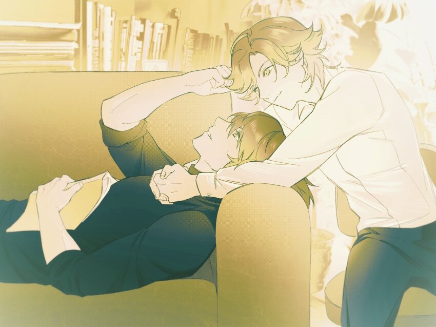 2boys amada_ken aragaki_shinjirou arm_up black_shirt book bookshelf chair chinese_commentary closed_mouth collared_shirt commentary_request couch eye_contact long_sleeves looking_at_another lying male_focus multiple_boys on_back open_book pants parted_bangs parted_lips persona persona_3 persona_4:_the_ultimate_in_mayonaka_arena plant potted_plant rentonotnerd sepia shirt sitting smile turtleneck wing_collar yaoi