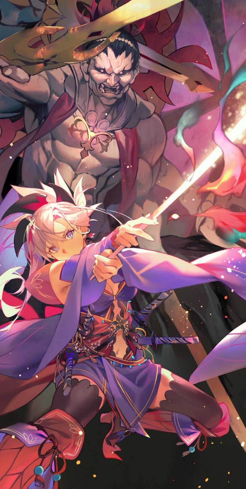 1girl absurdres asymmetrical_hair black_thighhighs blue_eyes breasts cleavage clothing_cutout detached_sleeves earrings fate/grand_order fate_(series) glowing glowing_sword glowing_weapon highres hiro_(hirohiro_gorira) holding holding_sword holding_weapon japanese_clothes jewelry katana kimono leaf maple_leaf medium_breasts miyamoto_musashi_(fate) miyamoto_musashi_(third_ascension)_(fate) navel_cutout pink_hair purple_kimono sheath sheathed short_kimono single_sidelock sleeveless sleeveless_kimono swept_bangs sword thighhighs unsheathed weapon wide_ponytail