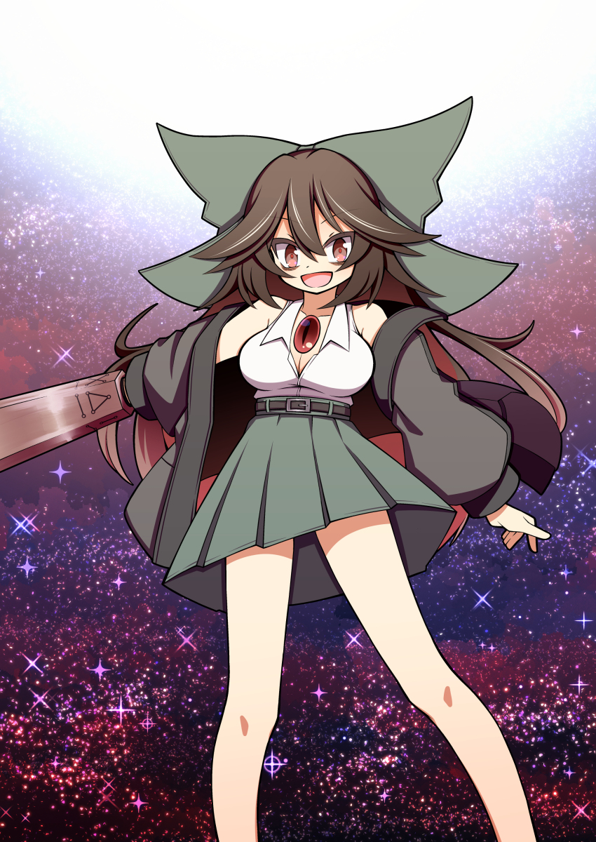 1girl :d absurdres adapted_costume arm_cannon black_jacket breasts brown_hair cleavage feet_out_of_frame green_skirt hair_between_eyes hair_flaps hekkmushi highres jacket long_hair looking_at_viewer open_mouth red_eyes red_pupils reiuji_utsuho shirt skirt sleeveless sleeveless_shirt smile solo star_(sky) third_eye third_eye_on_chest touhou weapon