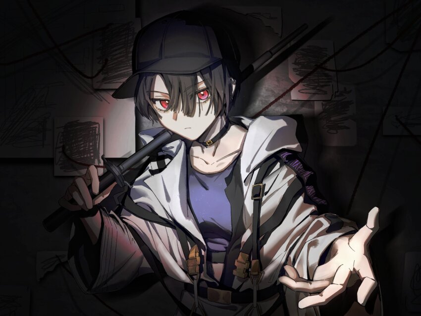 1girl asymmetrical_bangs baton_(weapon) black_hair black_hat chinese_commentary choker commentary_request dark_room ear_piercing hair_over_one_eye hat highres holding_baton_(weapon) long_sleeves looking_at_viewer md0377380788702 milgram paper parted_bangs piercing purple_sports_bra reaching reaching_towards_viewer red_eyes serious short_hair solo sports_bra squiggle straitjacket upper_body very_short_hair weapon yuzuriha_kotoko