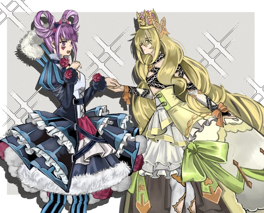 2girls blonde_hair bow butterfly_hair_ornament celine_(fire_emblem) cross-laced_clothes cross-laced_dress crown dress dress_bow fire_emblem fire_emblem_engage folded_twintails gem green_eyes hair_flaps hair_ornament hair_rings highres hortensia_(fire_emblem) long_hair multiple_girls nintendo omlililimo orange_bow orange_gemstone pantyhose pink_hair princess striped_clothes striped_dress striped_pantyhose vertical-striped_clothes vertical-striped_dress vertical-striped_pantyhose very_long_hair wrist_bow yellow_dress