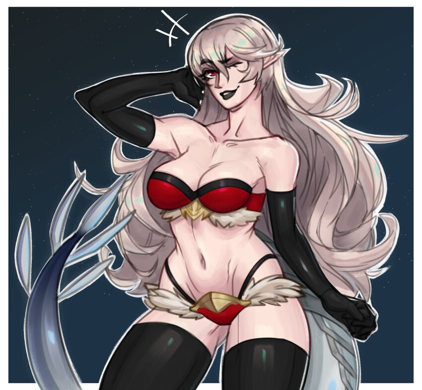 1girl 2024 adjusting_hair arm_at_side armor bare_shoulders bikini bikini_armor black_gloves black_lips black_thighhighs breasts christmas commentary contrapposto corrin_(female)_(fire_emblem) corrin_(fire_emblem) cropped_legs desn dragon_girl dragon_tail elbow_gloves english_commentary female_focus fire_emblem fire_emblem_fates fur_trim gloves grey_hair highres looking_at_viewer medium_breasts navel night night_sky nintendo one_eye_closed outdoors outside_border plunging_neckline pointy_ears red_bikini red_eyes revealing_clothes shiny_skin simple_background sky solo star_(sky) starry_sky stomach strapless swimsuit tail thighhighs thighs tube_top wavy_hair wink
