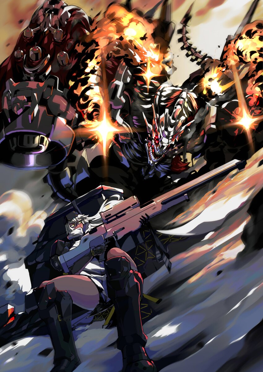 1girl 1other absurdres alexanderrohan anti-materiel_rifle armor armored_boots battle boots chatterbox_(nikke) cloak dutch_angle fighting fire goddess_of_victory:_nikke gun highres holding holding_gun holding_weapon long_hair mecha_musume mechanical_arms mechanical_tail non-humanoid_robot rapture_(nikke) rifle robot shoulder_armor single_mechanical_arm smoke sniper_rifle snow_white_(nikke) tail taking_cover trigger_discipline visor_(armor) weapon white_cloak white_hair yellow_eyes