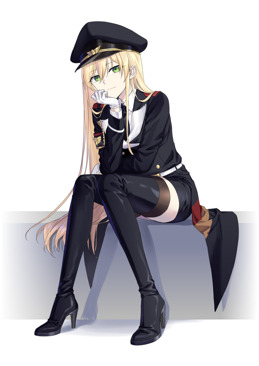 1girl absurdres black_boots black_coat black_hat black_necktie blonde_hair boots closed_mouth coat collared_shirt full_body girls&#039;_frontline gloves green_eyes hat highres looking_at_viewer military_uniform necktie peaked_cap shirt simple_background sitting solo stg44_(girls&#039;_frontline) suprii thigh_boots white_background white_gloves white_shirt