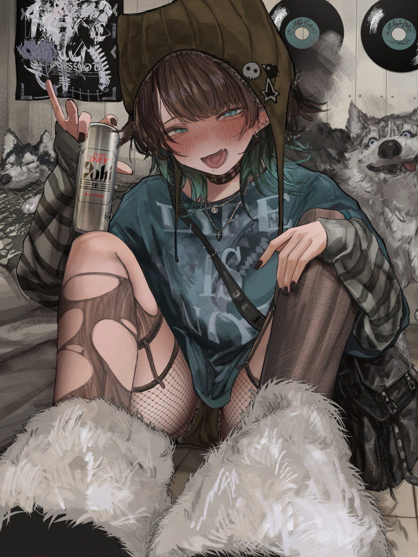 1girl absurdres aqua_eyes aqua_hair aqua_shirt bag beer_can black_bag black_choker black_pantyhose blush brown_hair brown_hat brown_nails can choker colored_tips commentary cutoffs dog drink_can drunk ear_piercing earrings fang fishnet_pantyhose fishnets fur-trimmed_shoes gaku hat highres holding holding_can husky indoors jewelry layered_sleeves long_sleeves looking_at_viewer mole mole_under_eye multicolored_hair nail_polish necklace nose_blush open_mouth original pantyhose piercing poster_(object) record shirt short_over_long_sleeves short_shorts short_sleeves shorts shoulder_bag sitting solo torn_clothes torn_pantyhose white_fur yellow_shorts