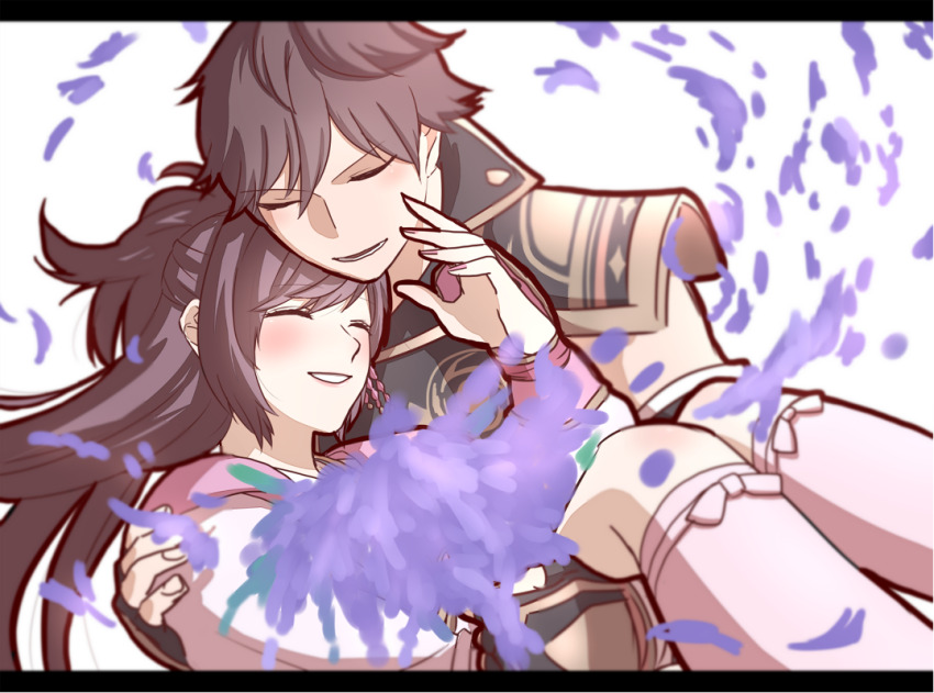 armor brown_hair carrying carrying_person closed_eyes flower japanese_clothes kimono oichi oichi_(sengoku_musou) parted_bangs parted_lips petals ponytail protagonist_(sengoku_musou_chronicle) sengoku_musou sengoku_musou_chronicle smile socks swept_bangs tabi white_socks
