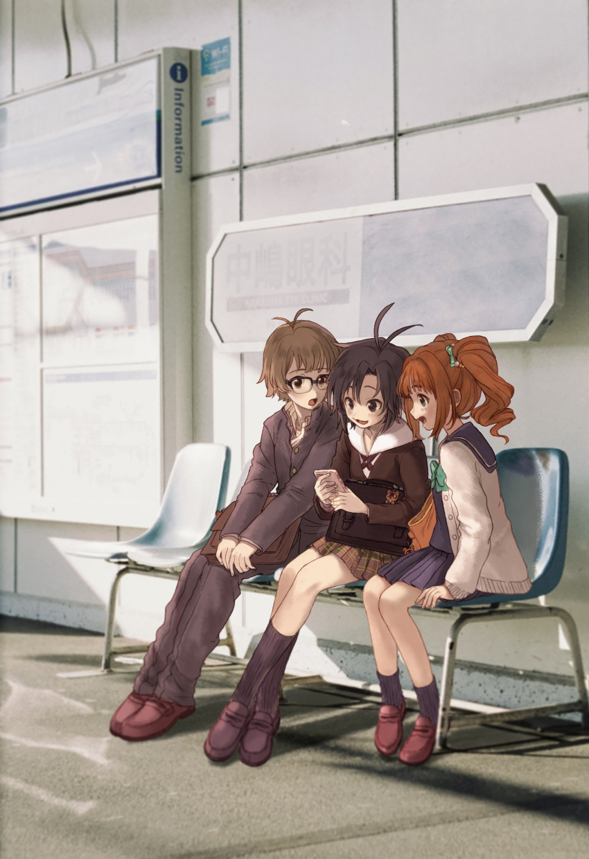 1boy 2girls :d :o absurdres akizuki_ryo animal_crossing antenna_hair bag bag_on_lap black_hair black_jacket black_pants black_socks blue_sailor_collar blue_serafuku blue_shirt blue_skirt blue_socks blush bow bowtie breasts brown_bag brown_eyes brown_footwear brown_hair brown_jacket brown_skirt buttons cardigan cellphone character_charm charm_(object) collarbone commentary_request crossed_ankles curtained_hair dot_nose drill_hair gakuran glasses green_bow green_bowtie green_eyes grey_eyes hair_bow hair_intakes highres holding holding_phone idolmaster idolmaster_million_live! idolmaster_side-m jacket kikuchi_makoto loafers lone_nape_hair long_hair long_sleeves looking_at_phone medium_hair miniskirt multiple_girls nintendo on_bench open_cardigan open_clothes open_mouth orange_hair pants phone plaid_clothes plaid_skirt pleated_skirt raised_eyebrows sailor_collar school_bag school_uniform semi-rimless_eyewear serafuku shirt shoes short_hair sidelocks sign sitting skirt small_breasts smartphone smile socks takatsuki_yayoi tanupon tom_nook_(animal_crossing) twintails v_arms white_cardigan white_shirt