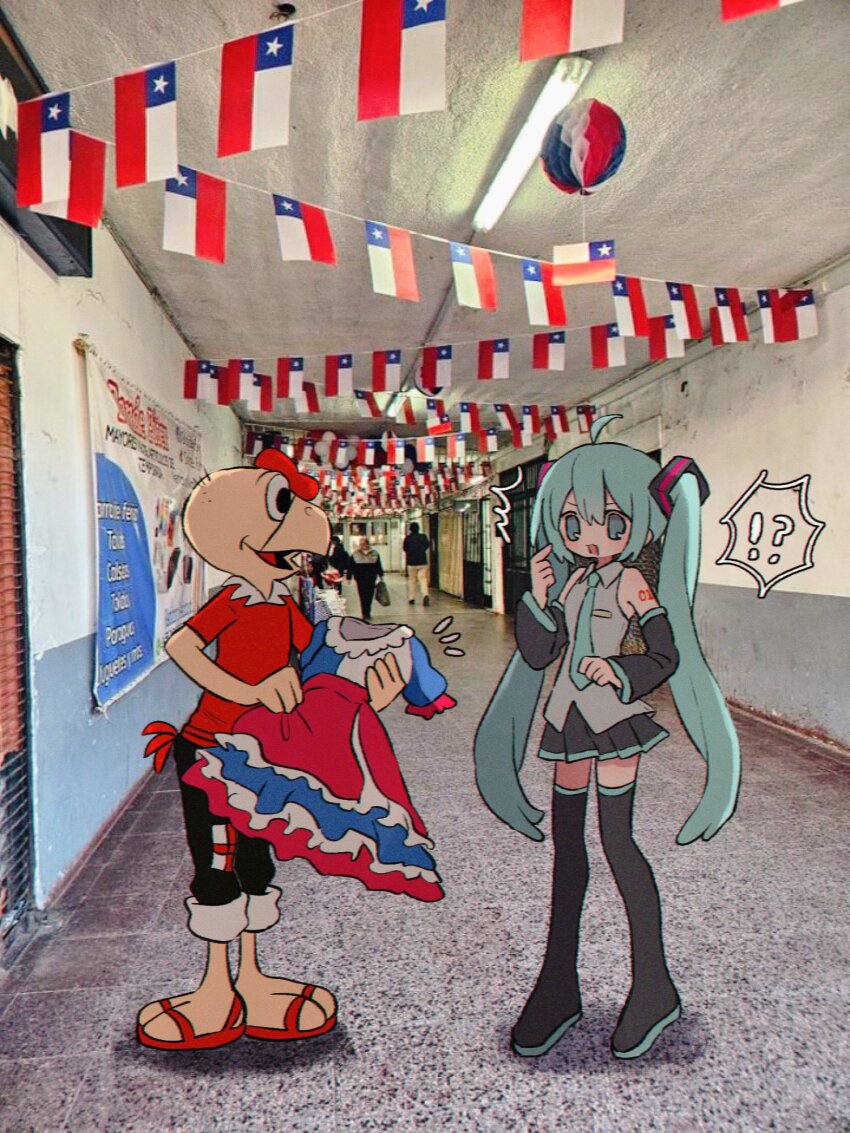 !? 1boy 1girl :3 ^^^ ahoge andean_condor aqua_eyes aqua_necktie bald bare_shoulders bird_boy black_eyes black_footwear black_pants black_sleeves boots breasts chilean_dress chilean_flag chilean_flag_print collared_dress collared_shirt condorito condorito_(character) detached_sleeves dress feathers flag_dress frilled_dress frills grey_shirt hair_between_eyes hatsune_miku highres holding holding_unworn_clothes holding_unworn_dress index_finger_raised long_hair miniskirt multicolored_dress narrow_waist necktie number_tattoo open_mouth pants pants_rolled_up patchwork_clothes pleated_skirt pointing pointing_at_self real_world_location red_feathers red_shirt ri_(qrcode) sandals shirt shoulder_tattoo skinny skirt sleeveless sleeveless_shirt small_breasts smile spoken_interrobang surprised tattoo thigh_boots thighhighs twintails unworn_dress very_long_hair vocaloid zettai_ryouiki