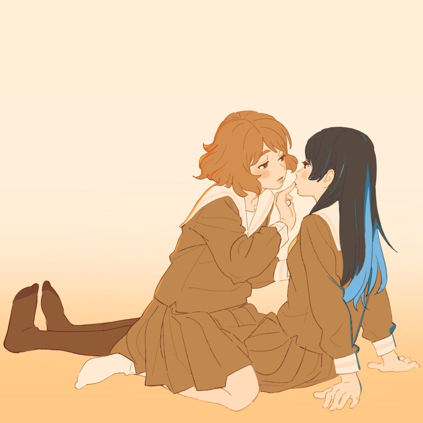 2girls 55bata6rou arm_support black_hair blush brown_eyes brown_hair brown_pantyhose brown_serafuku brown_shirt brown_skirt finger_to_another&#039;s_mouth from_side full_body half-closed_eyes hibike!_euphonium highres kitauji_high_school_uniform kousaka_reina long_hair long_sleeves looking_at_another multiple_girls no_shoes oumae_kumiko pantyhose pleated_skirt profile sailor_collar school_uniform serafuku shirt short_hair sitting skirt socks straddling white_sailor_collar yuri