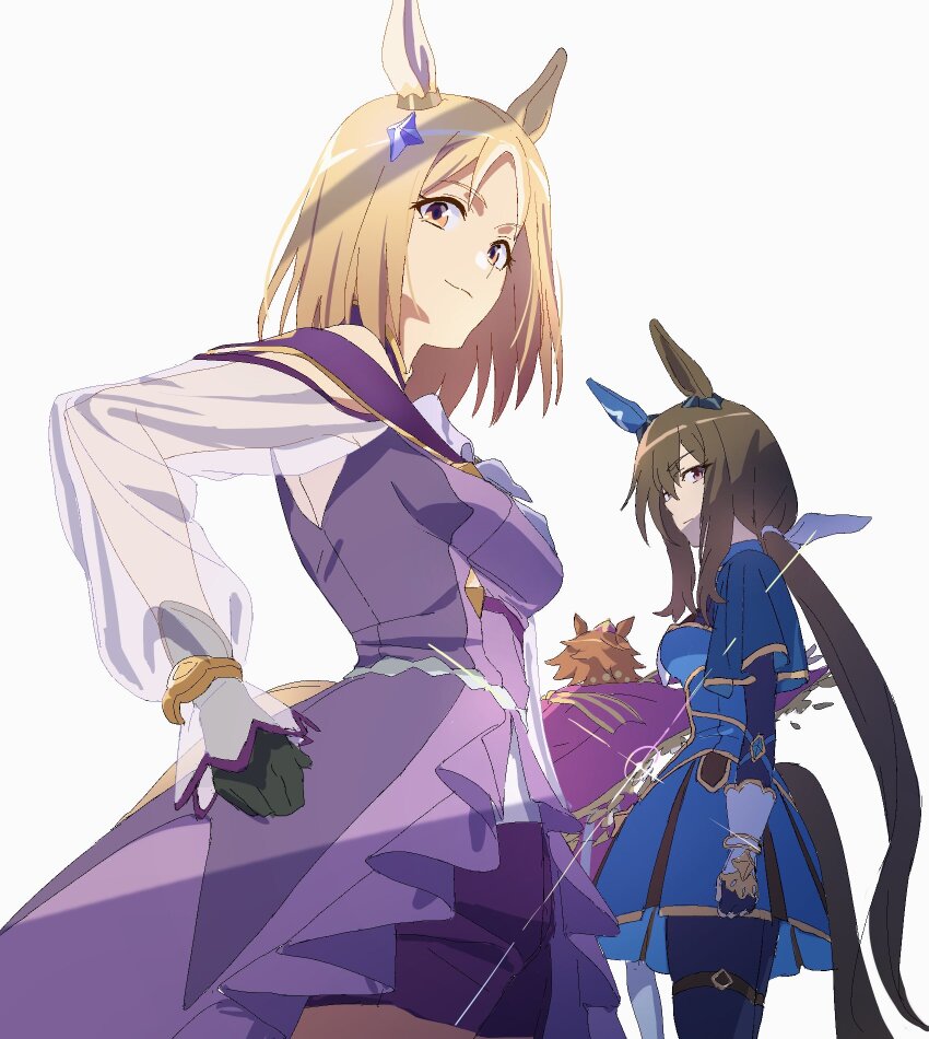 3girls admire_vega_(umamusume) animal_ears arms_at_sides black_gloves blonde_hair blue_dress blue_thighhighs breasts brown_hair cape clenched_hand clothing_cutout dress glint gloves hand_on_own_hip highres horse_ears horse_girl horse_tail long_hair long_sleeves looking_at_viewer looking_back low_ponytail multiple_girls narita_top_road_(umamusume) orange_hair pink_cape ponytail purple_dress purple_eyes purple_shorts short_hair shorts simple_background small_breasts solo_focus t.m._opera_o_(umamusume) tail tail_through_clothes thigh_strap thighhighs umamusume umamusume:_road_to_the_top white_background wqdofjpeqs63235 yellow_eyes