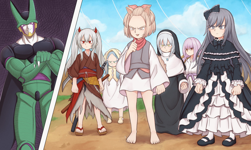 1boy 6+girls absurdres animal_ears ash_blossom_&amp;_joyous_spring atorie barefoot blue_hair blue_sky bow brown_eyes called_by_the_grave cell_(dragon_ball) clenched_hands cloud crossover day demon_horns dog_ears dog_girl dog_tail dragon_ball dragonball_z dress duel_monster fingernails frown ghost_belle_&amp;_haunted_mansion ghost_mourner_&amp;_moonlit_chill ghost_ogre_&amp;_snow_rabbit ghost_reaper_&amp;_winter_cherries ghost_sister_&amp;_spooky_dogwood green_eyes grey_eyes grey_hair hair_bow highres hood horns japanese_clothes jewelry katana kimono light_brown_hair long_hair multiple_girls necklace nun outdoors pointing pointing_at_self purple_hair red_eyes sandals sharp_fingernails shoes short_hair sky sword tail toes tongue tongue_out toriyama_akira_(style) torn_clothes weapon yellow_eyes yu-gi-oh!
