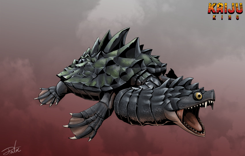absurdres animal_focus artist_name claws commentary english_text fangs giant giant_monster godzilla:_tokyo_s.o.s. godzilla_(series) gugenheim98 highres kaiju kamoebas long_neck monster no_humans no_sclera open_mouth redesign scales sharp_teeth simple_background solo space_amoeba_(film) spikes teeth toho turtle turtle_shell yellow_eyes