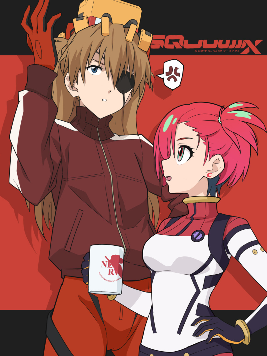 2girls amate_yuzuriha blue_eyes breasts brown_hair cameltoe company_connection creator_connection eyepatch gundam gundam_gquuuuuux highres jacket laofuzi_dai_bansho long_hair mecha_pilot_suit medium_hair multicolored_eyes multiple_girls neon_genesis_evangelion plugsuit_(evangelion) red_hair small_breasts souryuu_asuka_langley teeth twintails