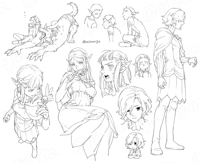 2boys 4girls arm_tattoo bags_under_eyes black_eyes choker cithis cloak dungeon_meshi elf facial_mark fleki forehead_mark gorget hair_around_ear highres hood hooded_cloak jewelry lazy_eye long_hair long_sleeves looking_at_viewer lycion medium_hair mithrun monochrome multiple_boys multiple_girls notched_ear otta_(dungeon_meshi) pattadol pointy_ears sankaku shirt short_hair smile tail tattoo tunic uneven_eyes very_short_hair werewolf wolf_boy