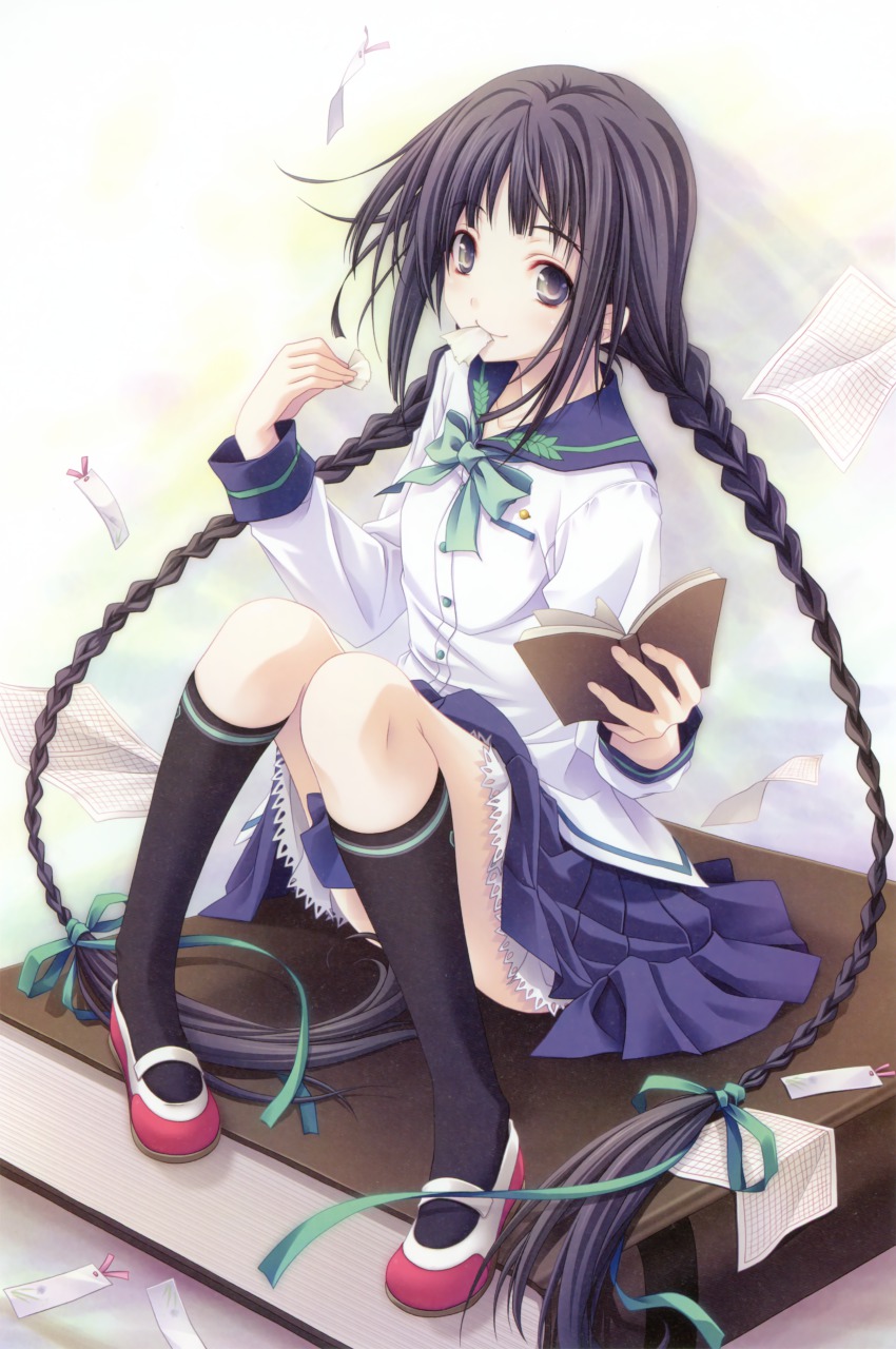 1girl absurdres amano_tooko book bookmark braid bungaku_shoujo eating highres knees_together_feet_apart legs miyama-zero oversized_object purple_eyes purple_hair school_uniform shoes sitting socks twin_braids