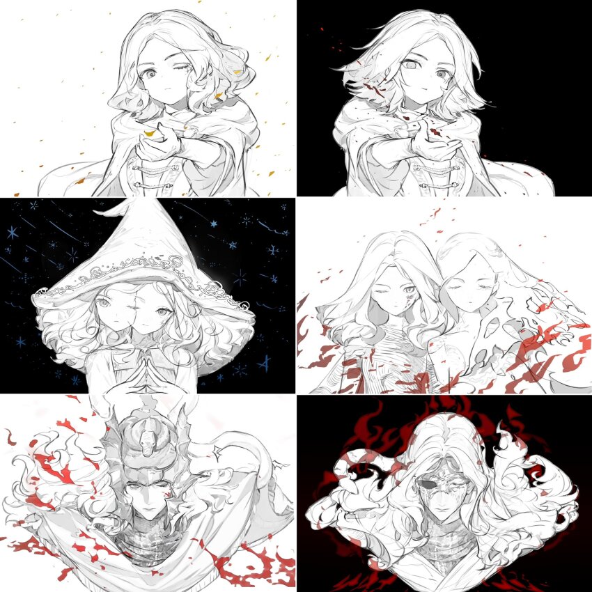 1boy 2girls animal armor base_serpent_messmer brother_and_sister cape commentary doll_joints dress elden_ring elden_ring:_shadow_of_the_erdtree extra_faces fire floating_hair hashtag-only_commentary hat helmet highres joints kikihuihui large_hat long_hair looking_at_viewer lunar_princess_ranni melina_(elden_ring) messmer_the_impaler multiple_girls one_eye_closed own_hands_together ranni_the_witch reaching reaching_towards_viewer short_hair siblings snake star_(symbol) upper_body witch witch_hat