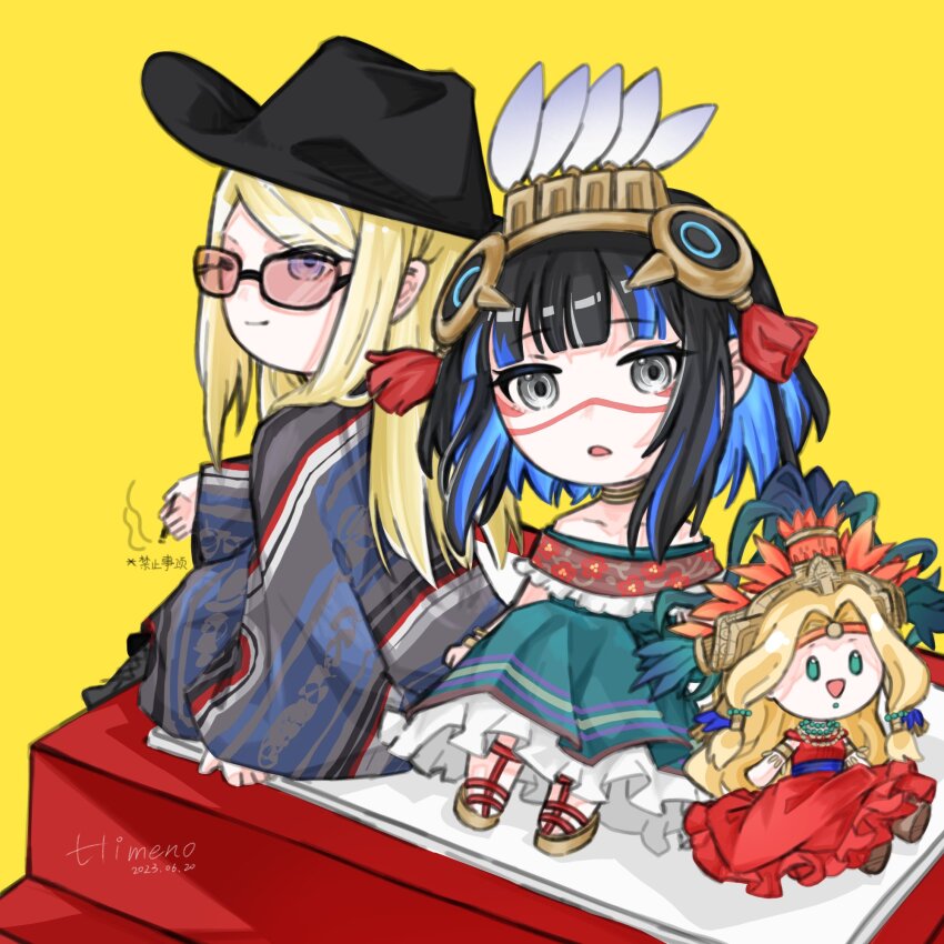 aztec bracer chin_piercing eyeliner facepaint fate/grand_order fate_(series) flora_himemi highres makeup mexican_clothes mexican_dress multicolored_hair quetzalcoatl_(fate) tenochtitlan_(ancient_mexico_exhibition)_(fate) tenochtitlan_(fate) tezcatlipoca_(fate)
