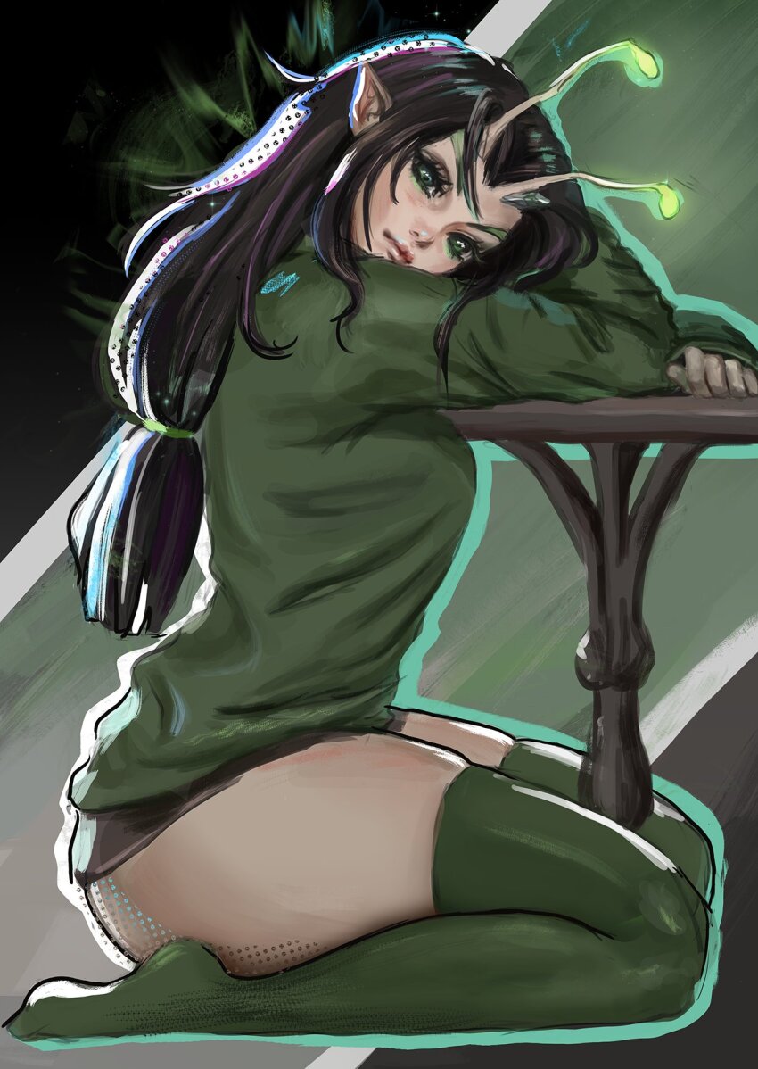 1girl antennae black_eyeshadow black_hair closed_mouth eyeshadow from_side green_eyes green_sweater green_thighhighs guardians_of_the_galaxy highres lips long_hair long_sleeves looking_at_viewer low-tied_long_hair makeup mantis_(marvel) marvel marvel_cinematic_universe marvel_rivals no_shoes pointy_ears ponytail seiza sidelocks sitting solo sweater table thighhighs thighs whails