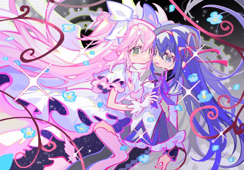 2girls absurdly_long_hair akemi_homura akemi_homura_(magical_girl) argyle_clothes argyle_footwear black_background black_boots black_capelet boots bow bowtie capelet chest_jewel choker closed_mouth collared_capelet crying crying_with_eyes_open dress eye_contact eyelashes feet_out_of_frame floating_clothes floating_hair frilled_skirt frilled_sleeves frills gears gem gloves gradient_background hair_between_eyes hair_bow hair_ribbon hairband halftone hand_on_another&#039;s_stomach happy hashtag-only_commentary heads_together high_collar high_heel_boots high_heels highres kaname_madoka layered_sleeves long_dress long_hair long_sleeves looking_at_another magical_girl mahou_shoujo_madoka_magica mahou_shoujo_madoka_magica_(anime) miniskirt multiple_girls open_mouth pink_boots pink_gemstone pink_hair pink_thighhighs pleated_skirt purple_bow purple_bowtie purple_capelet purple_eyes purple_hair purple_skirt red_hairband red_ribbon ribbon sad short_dress short_sleeves skirt skirt_under_dress smile space_print sparkle starry_sky_print teardrop tears thigh_boots thighhighs two-sided_dress two-sided_fabric two-tone_capelet two_side_up ultimate_madoka very_long_hair white_bow white_choker white_dress white_gloves winged_boots xiaoyunatie yellow_eyes yuri