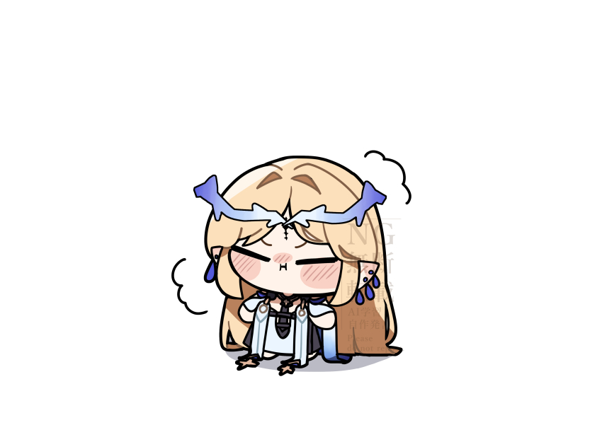 1girl absurdres black_dress blonde_hair blush cartethyia_(wuthering_waves) chibi chibi_only closed_eyes closed_mouth commentary crown_of_thorns dress earrings facing_viewer highres jewelry long_hair pointy_ears pout puff_of_air shinonome_nashi simple_background solo tabard tacet_mark_(wuthering_waves) v-shaped_eyebrows very_long_hair white_background white_tabard wuthering_waves