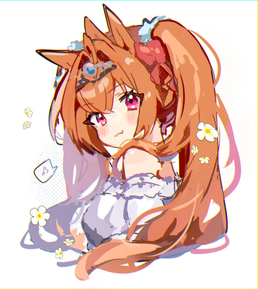 1girl absurdres animal_ears blush bow brown_hair daiwa_scarlet_(umamusume) fang hair_between_eyes hair_bow hair_intakes highres horse_ears horse_girl long_hair looking_at_viewer musical_note purple_eyes red_bow shirano_akihiro simple_background skin_fang smile solo spoken_musical_note tiara twintails umamusume upper_body white_background