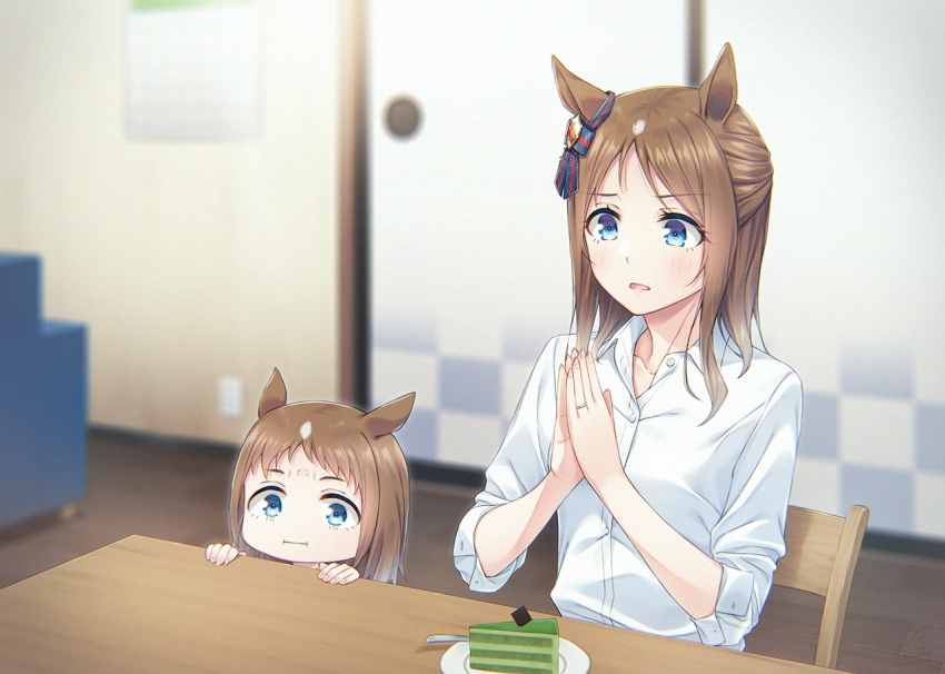 2girls :i aged_up alternate_costume animal_ears blue_eyes blush bow brown_hair cake cake_slice commentary_request dress_shirt ear_ribbon fingernails food grass_wonder_(umamusume) horse_ears indoors jewelry kazushiki_midori long_hair long_sleeves mother_and_daughter multiple_girls palms_together parted_bangs ring shirt sitting sleeves_rolled_up sliding_doors sweatdrop table umamusume wedding_ring white_shirt
