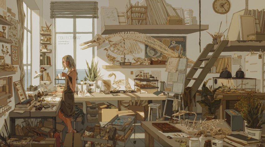 1girl absurdly_detailed_composition ambiguous_yellow_liquid animal animal_focus animal_skeleton animal_skull arthropod_girl avian_skeleton beaker bedding_(animal_care) beetle biology bird bird_skull bone book book_stack bookmark bottle box branch brown_feathers brown_glassware bug cabinet cactus canvas_(object) cardboard_box cat_skull chemicals clock commentary dead_animal desk display_case dress dropper english_commentary english_text envelope feathers file_cabinet fish framed_insect frilled_neck_lizard from_side glass glass_bottle glass_stirring_rod glasses green_feathers hand_blush heat_lamp highres holding holding_bottle illegible_text in_container in_jar indoors insect jar label laboratory_glassware lamp leaf lizard loaded_interior magnifying_glass making-of_available mantis_girl map measuring_glass medium_hair mounted_skeleton mounted_skull note on_rock open_mouth original paint paint_palette paint_tube paintbrush paper parrot petri_dish pitcher_(container) plant polaroid_photo poster_(object) potted_plant power_strip praying_mantis reptile reptile_skeleton rhinoceros_beetle rock rolling_tray scientific_poster scribble_text seahorse shelf skeleton solo_focus spray_bottle standing sunlight swivel_chair table tape taxidermy tea terrarium thermometer tube tweezers wall watermark web_address wet_specimen window windowsill xi_zhang zoological_specimen zoology