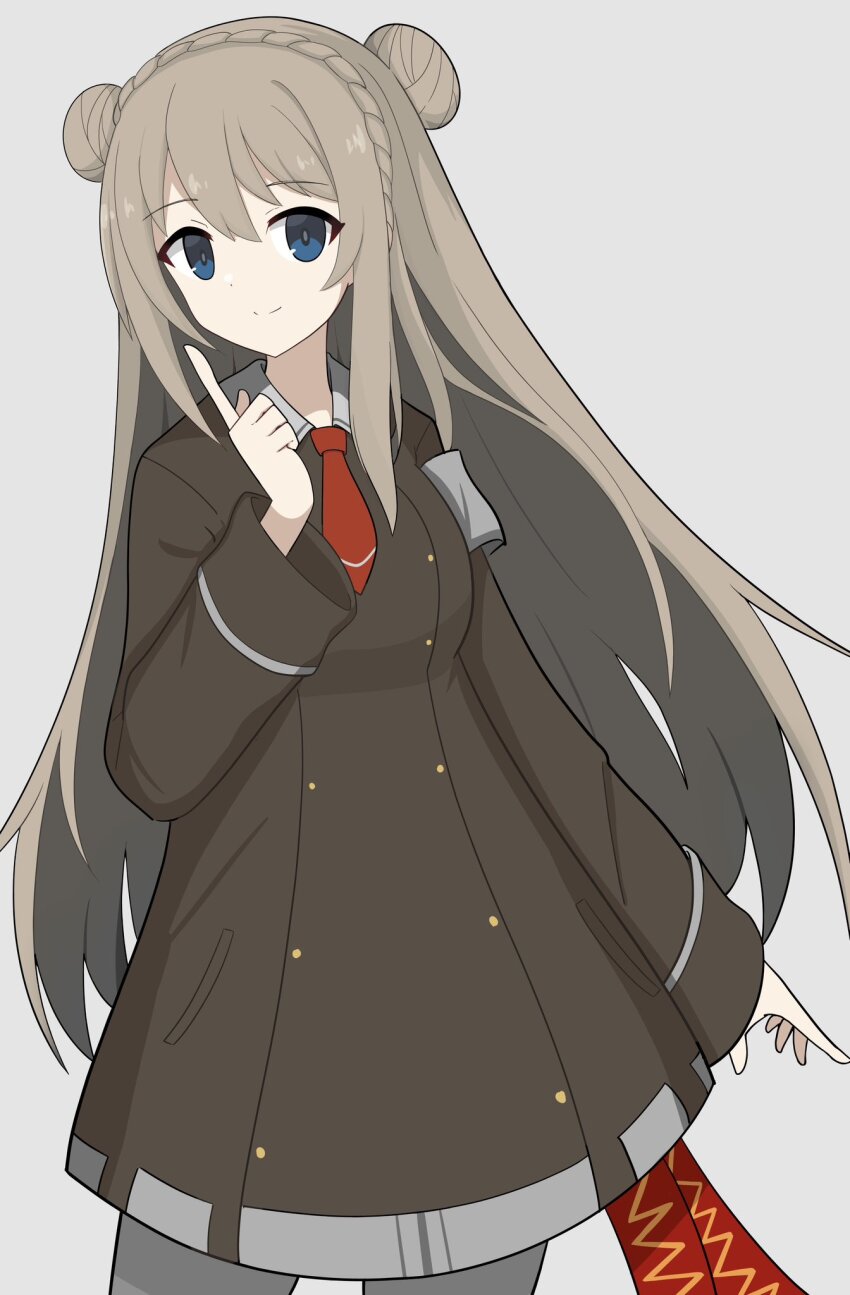 1girl arm_at_side armband blue_eyes braid brown_dress buttons closed_mouth collared_dress contrapposto cowboy_shot crown_braid dot_nose double-breasted double_bun dress grey_hair hair_bun hand_up hector_(sentinel_girls) highres index_finger_raised long_hair long_sleeves looking_at_viewer necktie pantyhose red_necktie sentinel_girls simple_background sironuigurumi smile solo very_long_hair white_armband white_background white_pantyhose