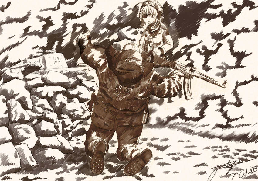 10s 1boy 1girl 2015 ahoge assault_rifle balkenkreuz boots bullet_hole cable cross dated death eyepatch gebirgsjager german_text greyscale gun hat headset highres injury military military_uniform military_vehicle monochrome motor_vehicle open_mouth original panther_(tank) rifle signature sketch soldier stg44 surprised tank thesynchronizer vehicle war weapon wehrmacht world_war_ii