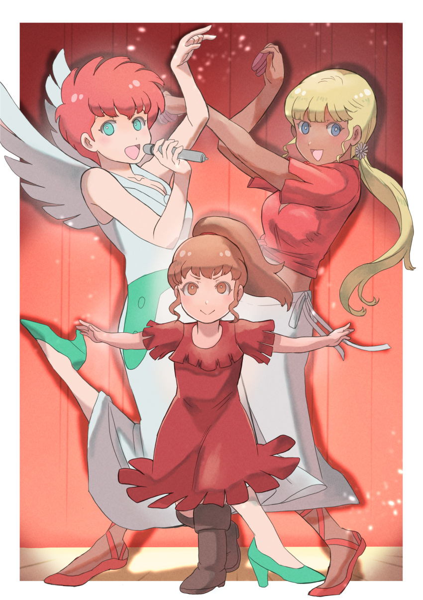 3girls :d absurdres ballet_slippers blonde_hair breasts brown_footwear brown_hair chururu coconna company_connection curtains dark-skinned_female dark_skin dress flower green_footwear hair_flower hair_ornament high_heels highres indoors k_katora kikou-kai_galient long_hair microphone midriff multiple_girls open_mouth ponytail red_dress red_hair red_shirt rita_berett shirt short_hair short_sleeves sidelocks skirt small_breasts smile soukou_kihei_votoms standing sunrise_(company) taiyou_no_kiba_dougram white_dress white_skirt wings