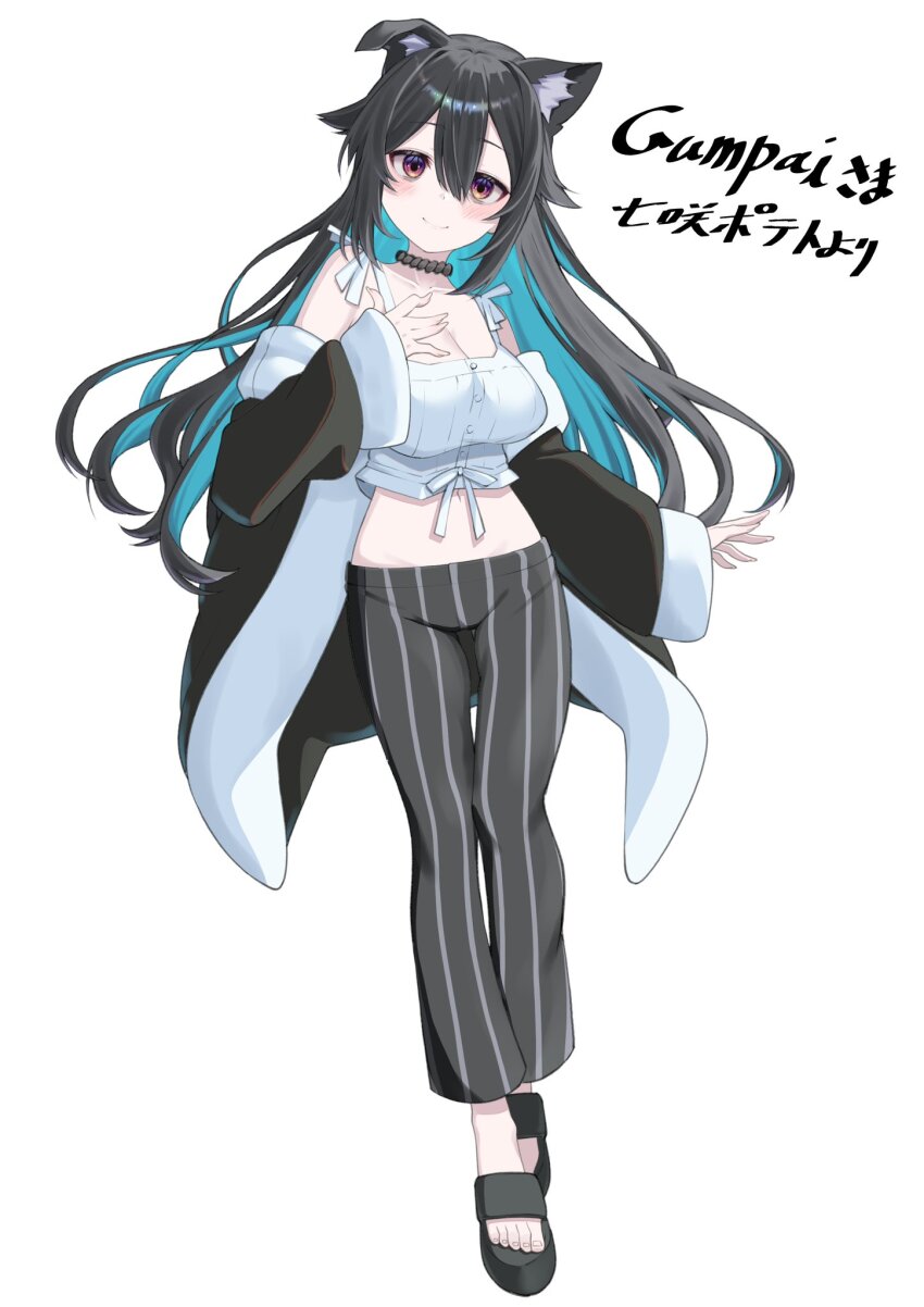 1girl alternate_breast_size animal_ears aqua_hair bags_under_eyes black_hair black_pants black_robe breasts brown_eyes character_name cleavage closed_mouth colored_inner_hair commission dog_ears dog_girl full_body gumpai highres indie_virtual_youtuber large_breasts long_hair looking_at_viewer multicolored_hair nanasaki_potato pants robe rope_necklace sandals second-party_source shirt simple_background skeb_commission smile solo standing striped_clothes striped_pants two-tone_hair two-tone_robe virtual_youtuber white_background white_robe white_shirt
