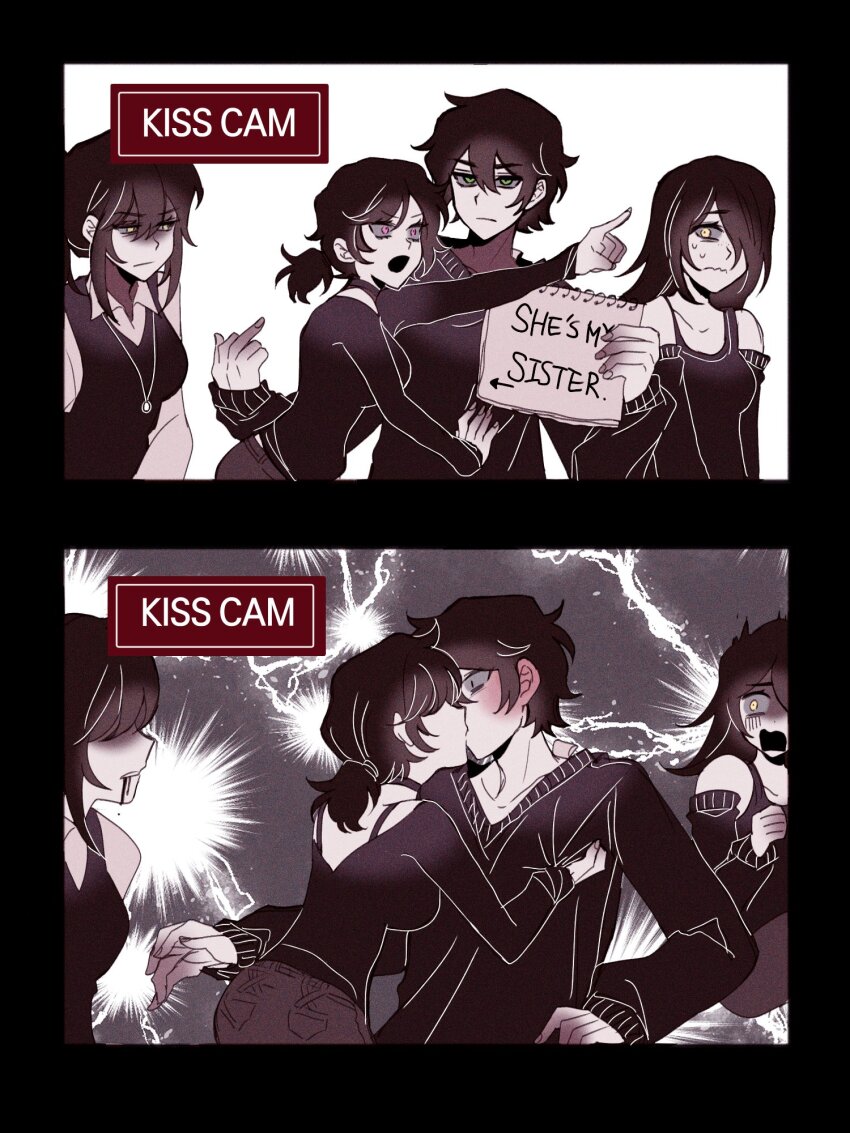 1boy 3girls andrew_graves ashley_graves black_choker black_hair black_shirt black_sweater blush bra_strap breasts bright_pupils brother_and_sister choker cleavage english_text green_eyes hetero highres incest julia_(the_coffin_of_andy_and_leyley) kiss long_sleeves low_side_ponytail mature_eyes mother_and_son multiple_girls pants passport_herb pink_eyes ponytail renee_graves shirt shorts siblings spot_color sweater the_coffin_of_andy_and_leyley torn_clothes torn_pants