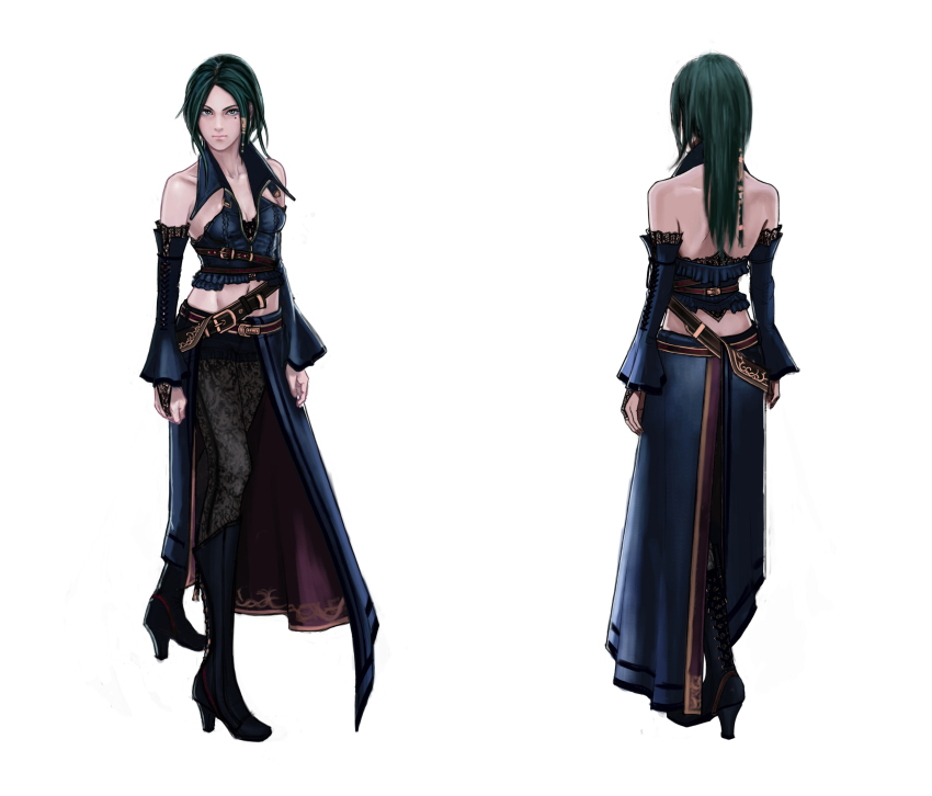 1girl absurdres alicia_(bullet_witch) aq_interactive backless_outfit bare_back bare_shoulders bell_sleeves belt belt_buckle black_shorts boots bra bra_peek breasts bridal_gauntlets buckle bullet_witch cavia center_opening cleavage collarbone concept_art crop_top detached_sleeves frilled_shorts frills full_body green_eyes green_hair hair_tubes halter_shirt halterneck high_heel_boots high_heels highres knee_boots lace lace-trimmed_bra lace-up_boots lace-up_sleeves lace_legwear lace_trim layered_sleeves long_hair long_sleeves looking_at_viewer matching_hair/eyes midriff mole mole_under_eye multiple_views navel official_art pantyhose pantyhose_under_shorts partially_unzipped see-through_clothes see-through_legwear shirt shorts shoulder_blades sideways_glance sleeveless sleeveless_shirt small_breasts turning_head underwear waist_cape wing_collar witch