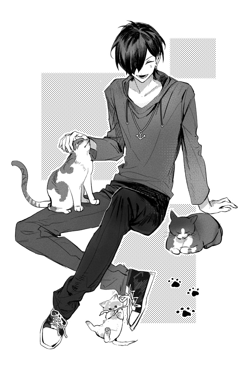 1boy absurdres aiba_ibuki anchor_necklace animal_on_leg baby_animal cat closed_eyes drawstring greyscale hair_over_one_eye highres invisible_chair jewelry kitten konekoy long_sleeves male_focus monochrome necklace open_mouth pants paw_print petting saibou_shinkyoku shoes short_hair sitting smile sneakers solo