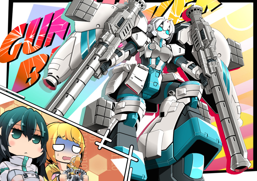 2girls aqua_hair black_hair blonde_hair breasts controller dual_wielding expressionless fusion gradient_hair green_eyes gun gundam gundam_breaker_4 gundam_build_divers gundam_build_divers_re:rise gundam_build_fighters gundam_build_fighters_try gundam_gp-02_physalis gunpla highres holding holding_controller holding_gun holding_toy holding_weapon hoshino_fumina in-franchise_crossover may_(gundam_build_divers_re:rise) mecha medium_breasts mobile_doll_may model_kit multicolored_hair multiple_girls ponytail raised_inner_eyebrows robot shaded_face shrug_(clothing) sibelurabbi super_fumina sweatdrop toy weapon white_eyes