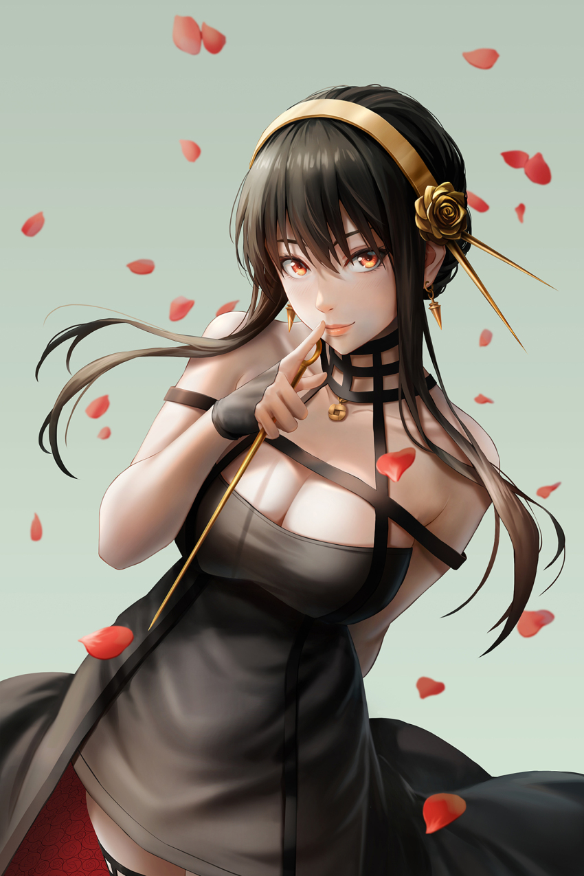 1girl black_dress black_hair breasts cleavage closed_mouth commentary dagger dress earrings falling_petals gold_earrings gold_hairband hairband highres jewelry knife large_breasts petals red_eyes redpoke solo spy_x_family stiletto_(weapon) weapon yor_briar