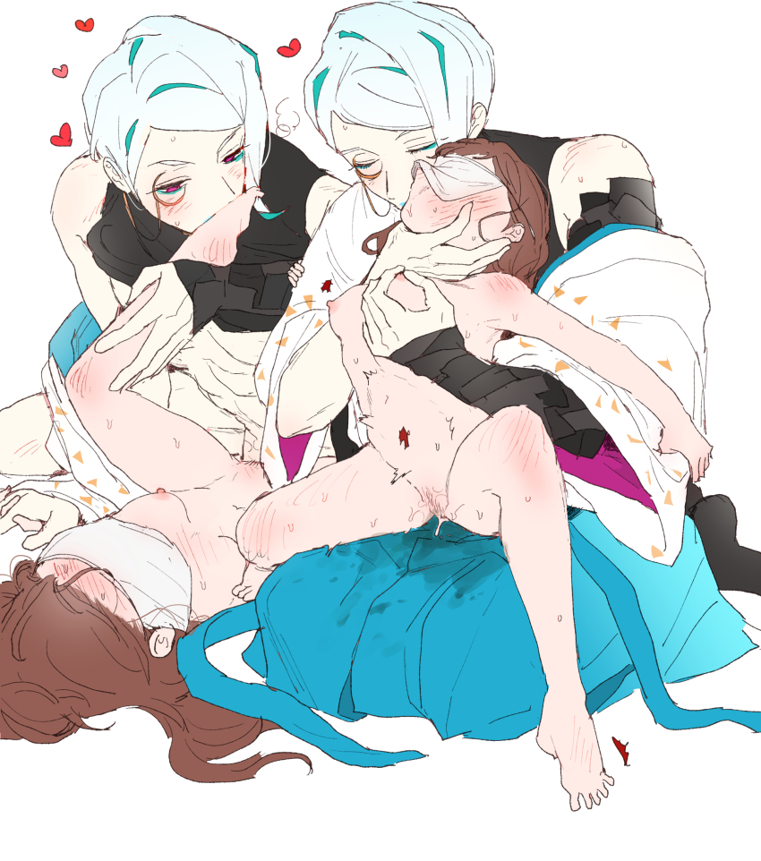 1boy 1girl absurdres blue_hair blue_hakama breasts brown_hair clothed_male_nude_female commentary_request dal-gi faceless faceless_female female_saniwa_(touken_ranbu) hakama hetero highres japanese_clothes kimono kissing_foot korean_commentary long_hair looking_at_another loving_aura missionary monocle multiple_views nipple_stimulation nude pink_eyes pussy_juice pussy_juice_stain saniwa_(touken_ranbu) short_hair simple_background size_difference small_breasts tomoegata_naginata touken_ranbu white_background white_kimono