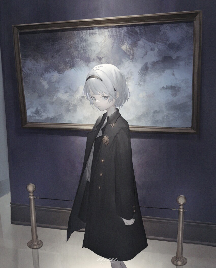 1girl absurdres arms_at_sides art_gallery black_coat black_hairband black_skirt buttons coat collared_coat feet_out_of_frame from_side hair_intakes hairband highres indoors long_sleeves looking_at_viewer miniskirt open_clothes open_coat original painting_(object) parted_lips reflective_floor shirt short_hair sidelocks skirt solo stanchion watermark white_eyes white_hair white_shirt yuzu_(yuzusuke10)