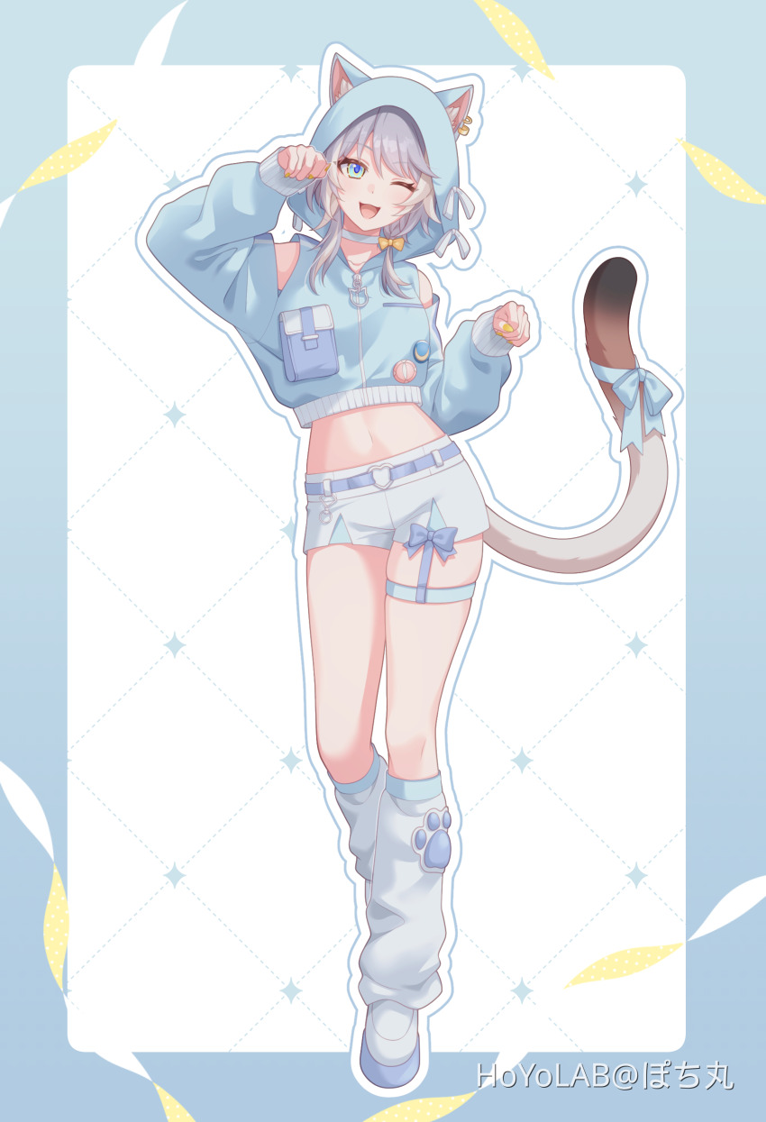 1girl ;d absurdres alternate_costume animal_ear_fluff animal_ears animal_hood aqua_eyes belt blue_border blue_bow blue_hood blue_pupils blue_ribbon blush border bow cat_ears cat_girl cat_hood cat_tail cipher_(honkai:_star_rail) crop_top full_body grey_hair hair_between_eyes highres honkai:_star_rail honkai_(series) hood hood_up long_sleeves midriff multicolored_hair multicolored_tail navel one_eye_closed open_mouth pochimaru_(marumaru_wanwan) ribbon shoes shorts simple_background smile solo standing streaked_hair tail thighhighs white_hair white_shorts
