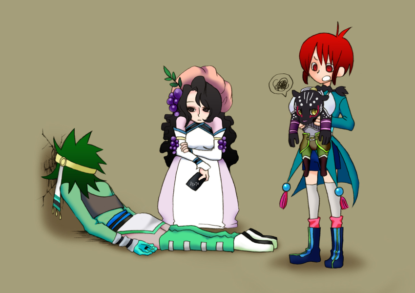 1girl 3boys ahoge armor black_eyes black_hair boots braid breasts card coat dress eugene_gallardo gloves green_hair grey_background hat headband hilda_rhambling long_hair mao_(tales) multiple_boys open_mouth pants red_eyes red_hair shoes short_hair shorts socks tales_of_(series) tales_of_rebirth thighhighs tytree_crowe
