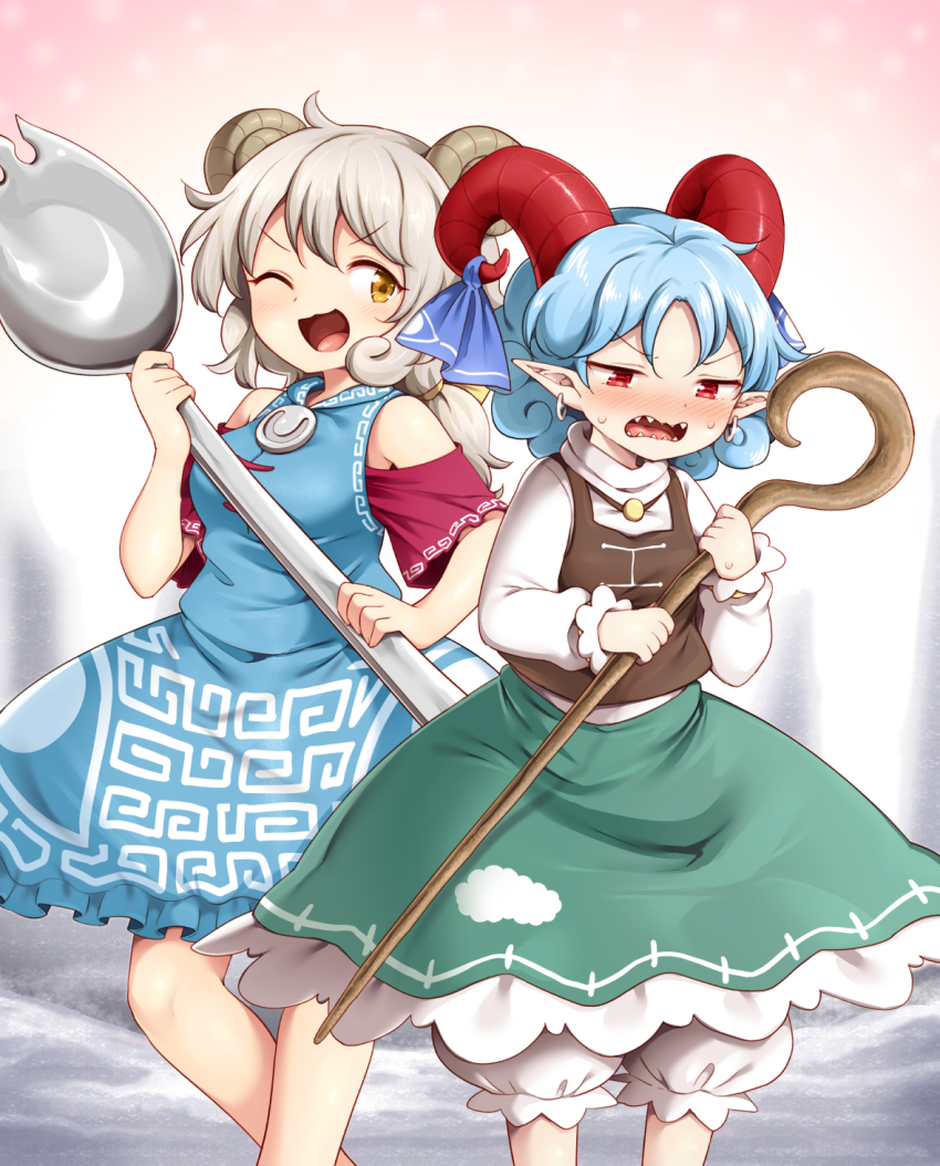 blue_dress cosplay costume_switch curled_horns curly_hair detached_sleeves dress earrings fluffy gensou_shoujo_taisen green_skirt harusame_(unmei_no_ikasumi) highres horizontal_pupils horn_ornament horn_ribbon horns jewelry meeko_(gensou_shoujo_taisen) pointy_ears rectangular_pupils red_eyes red_horns red_sleeves ribbon sharp_teeth sheep sheep_girl sheep_horns shepherd&#039;s_crook skirt teeth touhou toutetsu_yuuma white_hair wool yellow_footwear