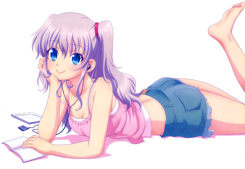 10s 1girl absurdres barefoot blue_eyes book breasts camisole casual charlotte_(anime) cleavage cutoffs digital_media_player earphones feet female_focus highres ipod leg_up legs long_hair lying medium_breasts na-ga non-web_source nyantype official_art on_stomach short_shorts shorts side_ponytail simple_background smile soles solo strap_slip toes tomori_nao