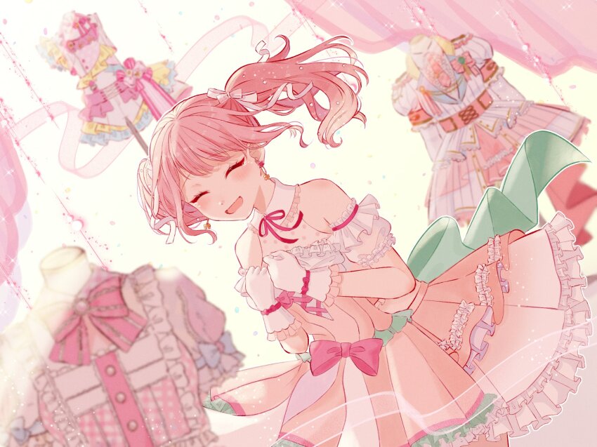 1girl bang_dream! bare_shoulders bow closed_eyes commentary_request curtains dress earrings frilled_dress frilled_gloves frilled_sleeves frills gloves highres jewelry mannequin maruyama_aya naginonagi_2525 pink_dress pink_hair solo twintails white_gloves