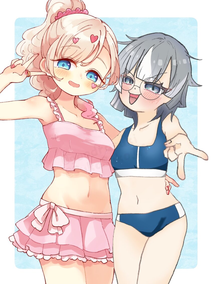 2girls artist_request blush glasses hifumi_suu highres kedarui_aashii kimi_no_koto_ga_dai_dai_dai_dai_daisuki_na_100-nin_no_kanojo multiple_girls peace_symbol smile swimsuit