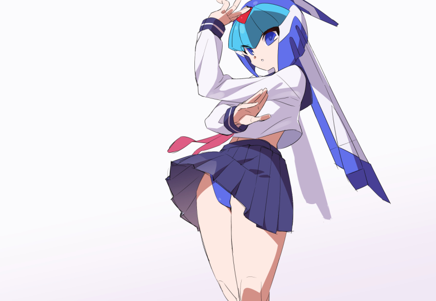 1girl black_skirt blue_eyes blue_helmet blue_panties clothes_lift cowboy_shot fairy_leviathan_(mega_man) fins forehead_jewel head_fins helmet kaidou_zx mega_man_(series) mega_man_zero_(series) miniskirt panties pleated_skirt robot_girl school_uniform shirt simple_background skirt skirt_lift solo underwear white_background white_shirt