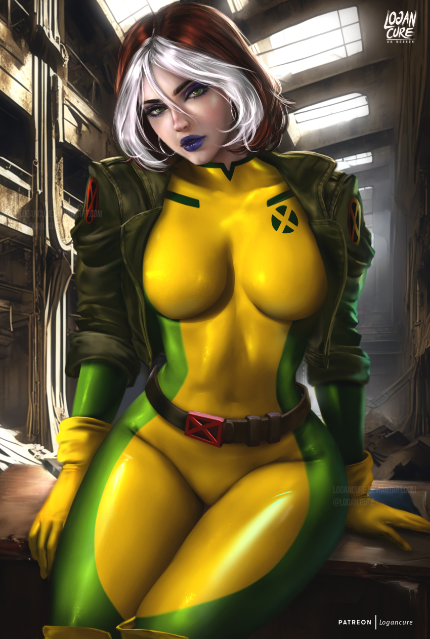 1girl absurdres artist_name belt bodysuit breasts brown_hair deviantart_username eyelashes eyeshadow gloves green_bodysuit green_eyes green_jacket hair_between_eyes highres jacket linea_alba logan_cure makeup marvel multicolored_bodysuit multicolored_hair on_table open_clothes open_jacket patreon_username purple_eyeshadow purple_lips rogue_(x-men) short_hair sitting solo table twitter_username two-tone_hair watermark white_hair x-men x-men:_the_animated_series x-men_evolution yellow_bodysuit yellow_gloves