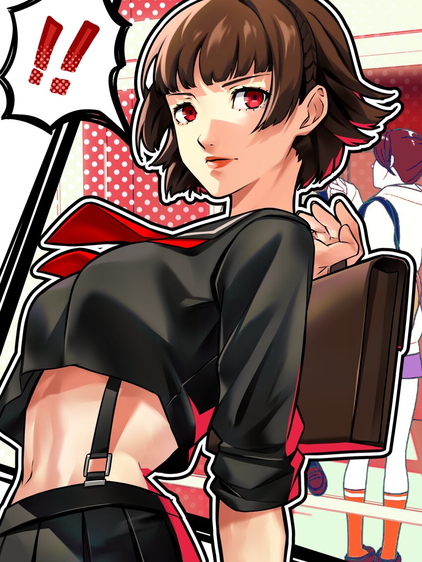 ! !! 1girl absurdres alternate_costume bag black_sailor_collar black_serafuku black_skirt blunt_bangs brown_hair closed_mouth commentary commission cropped_shirt delinquent english_commentary highres holding holding_bag lips looking_at_viewer midriff navel neckerchief niijima_makoto persona persona_5 pleated_skirt red_eyes red_lips red_neckerchief sailor_collar school_bag school_uniform serafuku short_hair skirt sleeves_rolled_up solo_focus spoken_exclamation_mark sukeban suspender_skirt suspenders toned toned_female upper_body wanderstillart