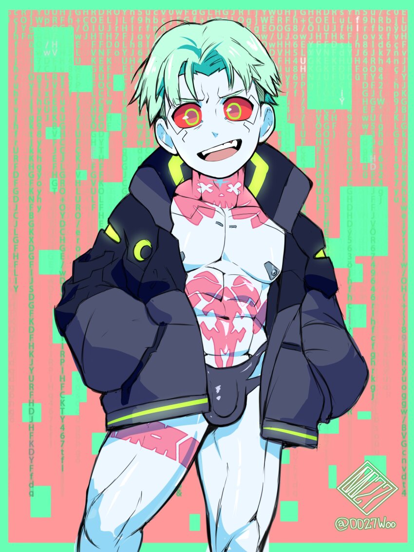 1boy abs absurdres bulge colored_sclera commentary cowboy_shot cyberpunk_(series) cyberpunk_edgerunners genderswap genderswap_(ftm) green_eyes green_hair highres leg_tattoo male_focus male_swimwear muscular muscular_male neck_tattoo open_mouth pasties pectorals rebecca_(cyberpunk) red_pupils red_sclera samurai_jacket_(cyberpunk) smile solo stomach_tattoo swim_briefs syaoran_(0027) symbol-only_commentary tattoo twitter_username